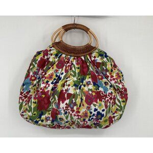 Large Antique Wicker & Canvas Handbag Colorful Floral Boho Beach Vacation